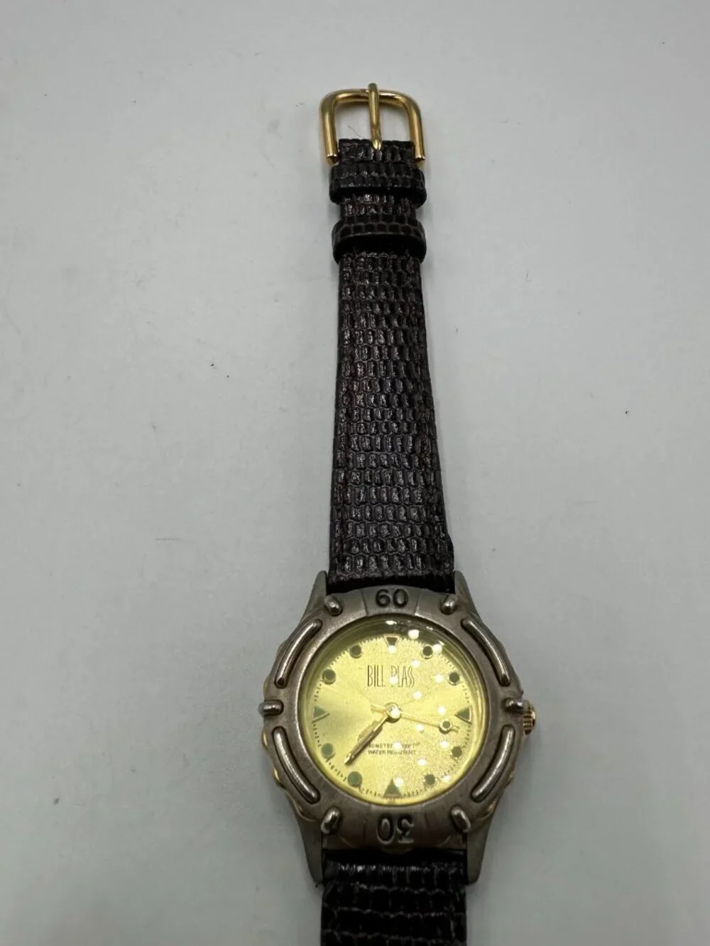 3/$30 Vintage Bill Blass Watch Women Silver Tone Gold Dial Leather Band 7.5